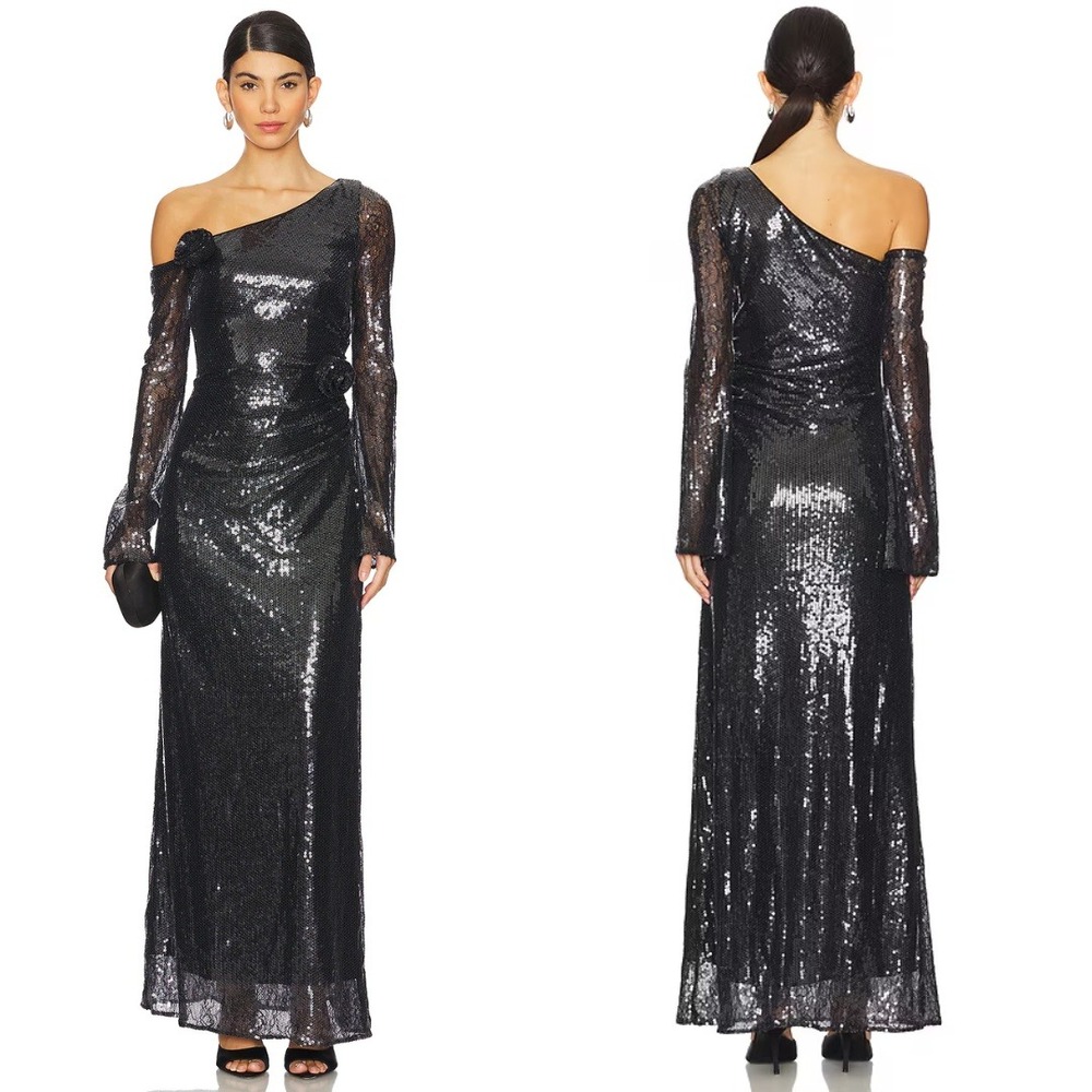 LPA Aniella Black Sequin One‎ Shoulder Long Sleeve Ruched Maxi Dress Size S